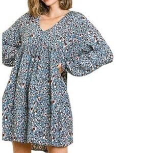 Umgee Blue Leopard Tunic Dress Size Large Babydoll Puff Sleeve